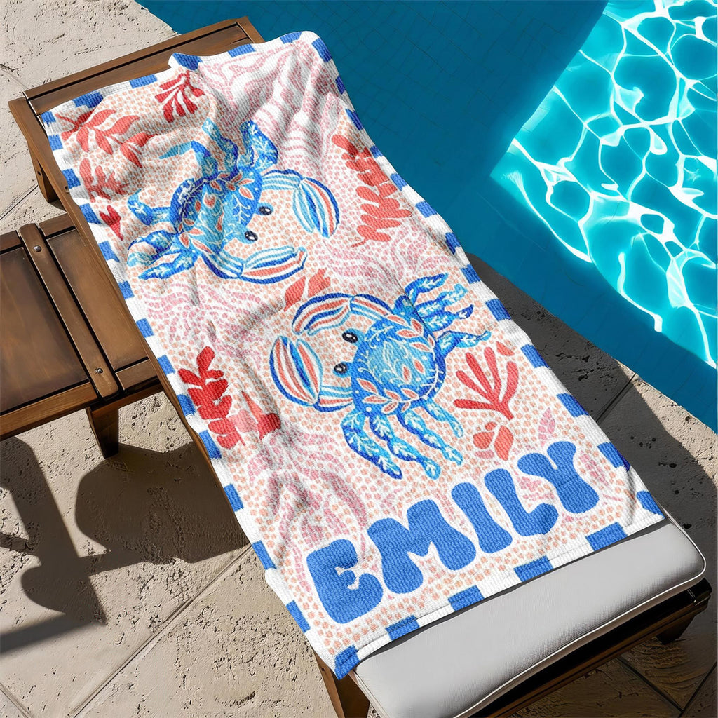 Bojjico Custom Mermaid Tail Family Matching Beach Towel Personalized Mother & Daughter Gift Set Watercolor Crab Ocean Coastal Aesthetic Blue Pink Microfiber Pool Towels For Girls Women Kids Summer Vacation Beach Accessories Fast Dry Sand Free Swim