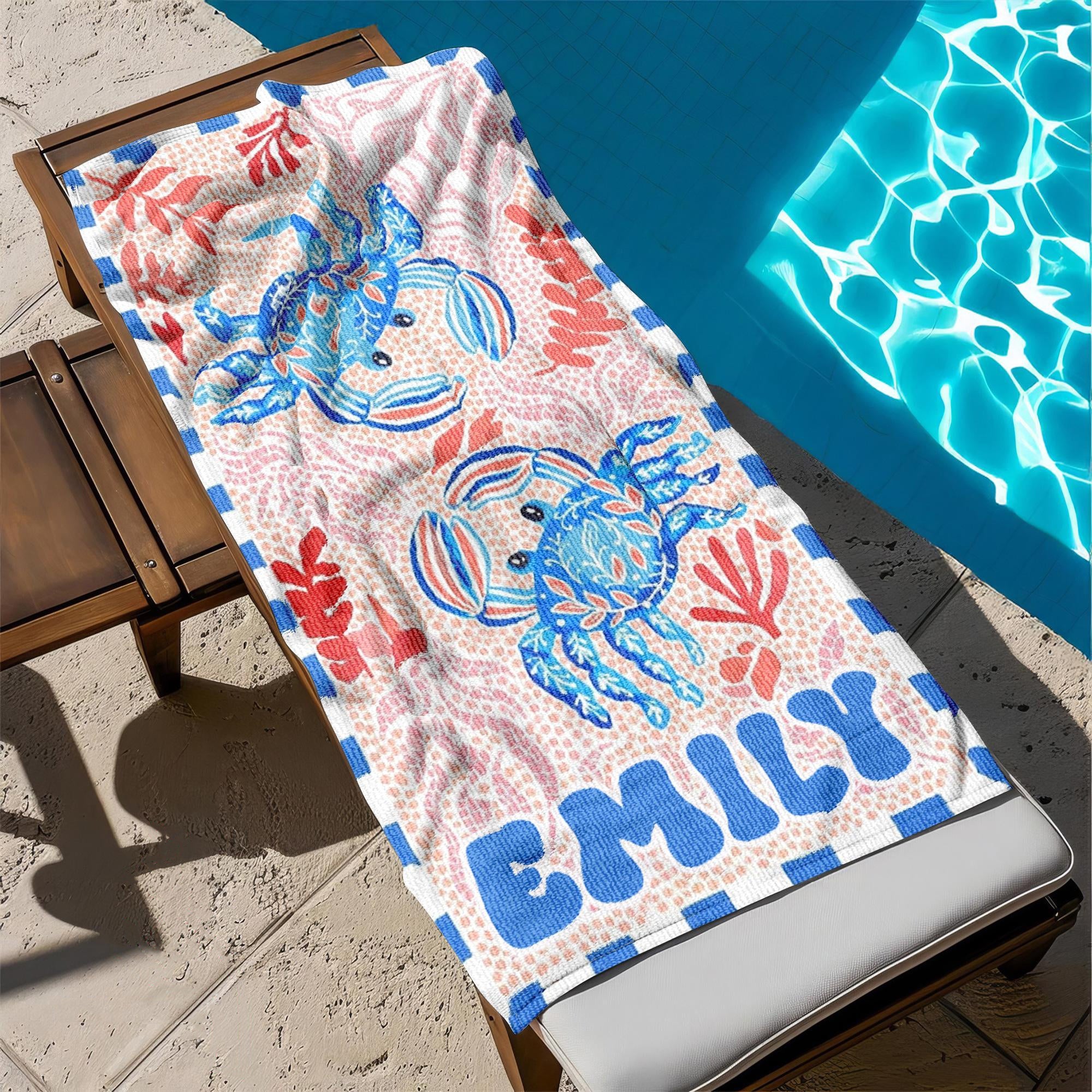 Bojjico Custom Mermaid Tail Family Matching Beach Towel Personalized Mother & Daughter Gift Set Watercolor Crab Ocean Coastal Aesthetic Blue Pink Microfiber Pool Towels For Girls Women Kids Summer Vacation Beach Accessories Fast Dry Sand Free Swim