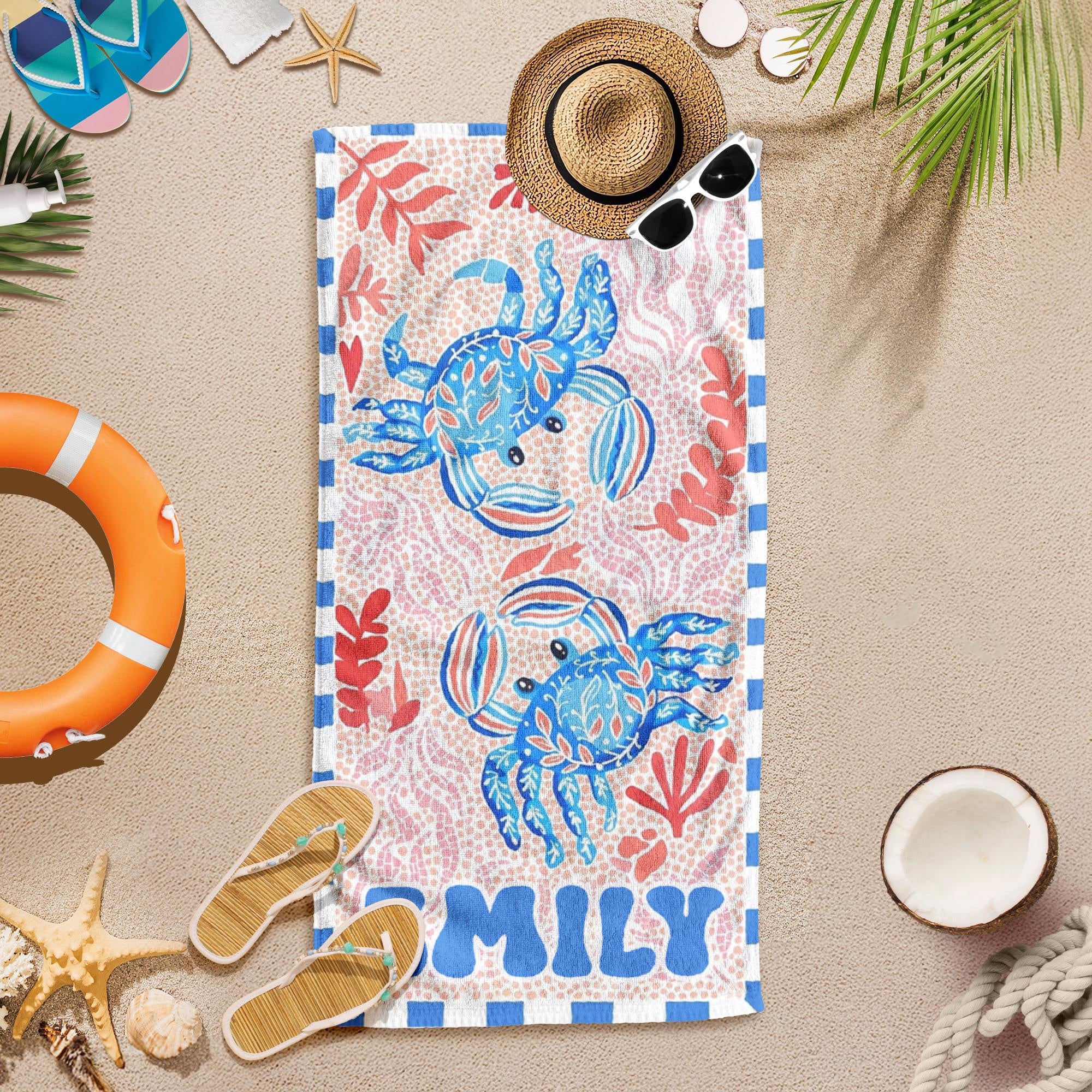 Bojjico Custom Mermaid Tail Family Matching Beach Towel Personalized Mother & Daughter Gift Set Watercolor Crab Ocean Coastal Aesthetic Blue Pink Microfiber Pool Towels For Girls Women Kids Summer Vacation Beach Accessories Fast Dry Sand Free Swim