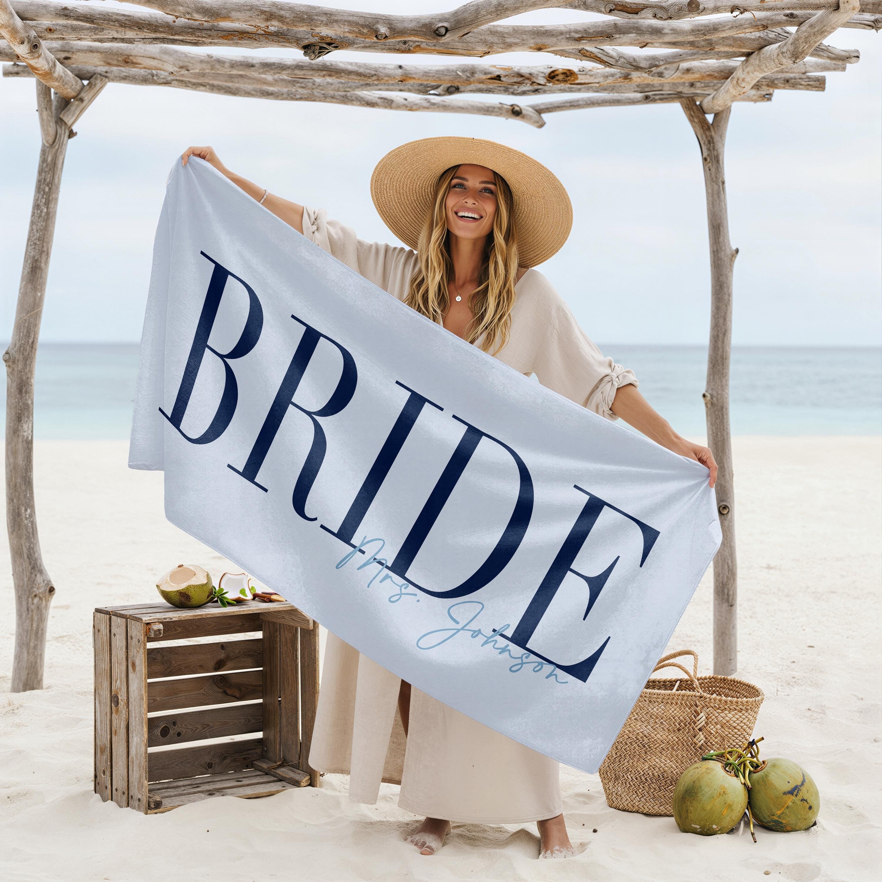 Bojjico Custom Personalized Future Mrs Bride Beach Towel for Women Elegant Coastal Aesthetic Light Blue Pool Towel Bachelorette Party Favor Bridal Shower Gift Honeymoon Travel Essential Summer Vacation Accessory Quick Dry