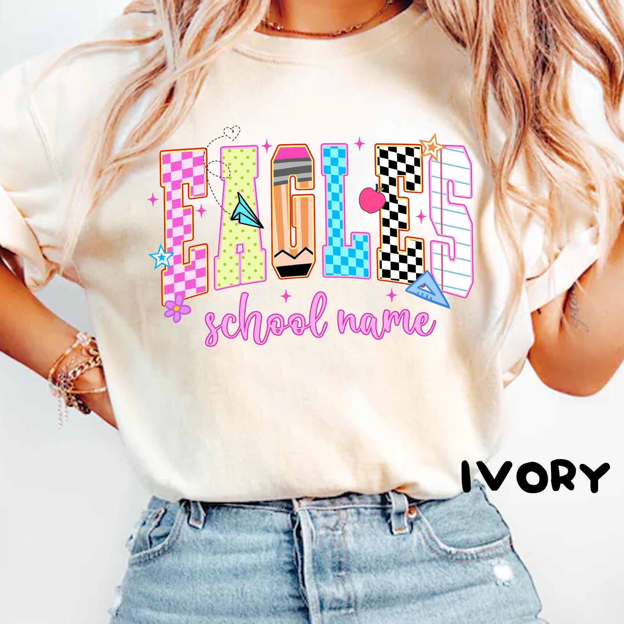 Bojjico Custom School Mascot Graphic T-Shirt For Teachers Students Preppy Y2K Retro Back To School Light Blue Cotton Tee Personalized School Name Eagles Spirit Shirt Team Game Day Outfit Cheer Mom