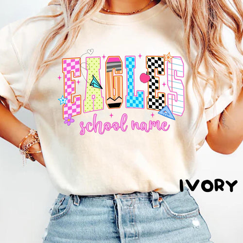 Bojjico Custom School Mascot Graphic T-Shirt For Teachers Students Preppy Y2K Retro Back To School Light Blue Cotton Tee Personalized School Name Eagles Spirit Shirt Team Game Day Outfit Cheer Mom