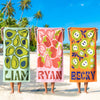 Bojjico Personalized Retro Fruit Pattern Custom Name Matching Beach Towel for Women Men Groovy Vibes Y2K Funky Aesthetic Summervibes Vibrant Colorful Quick Dry Microfiber Pool Towel Bachelorette Party Vacation Summer Trip Gift Large Sand Free