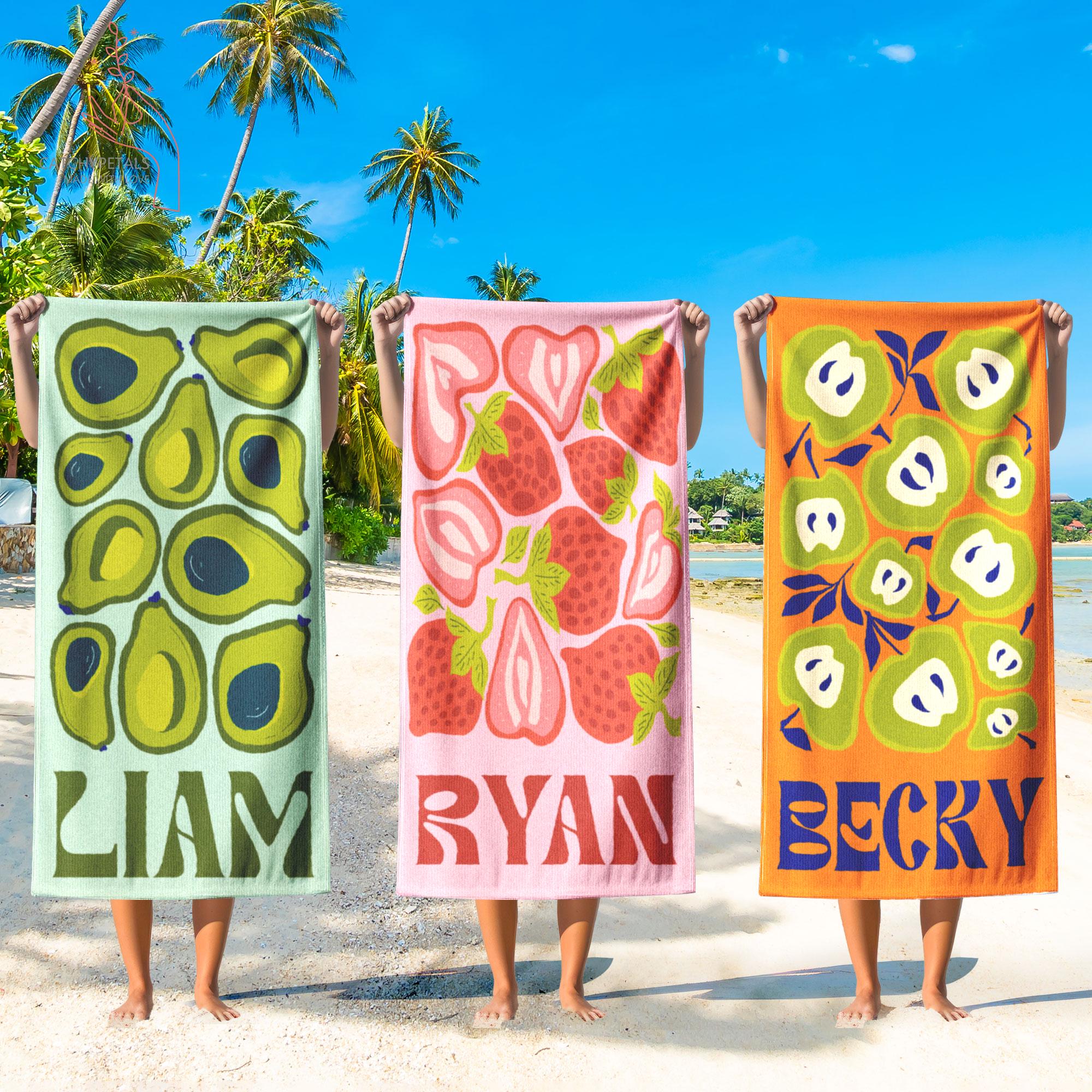Bojjico Personalized Retro Fruit Pattern Custom Name Matching Beach Towel for Women Men Groovy Vibes Y2K Funky Aesthetic Summervibes Vibrant Colorful Quick Dry Microfiber Pool Towel Bachelorette Party Vacation Summer Trip Gift Large Sand Free