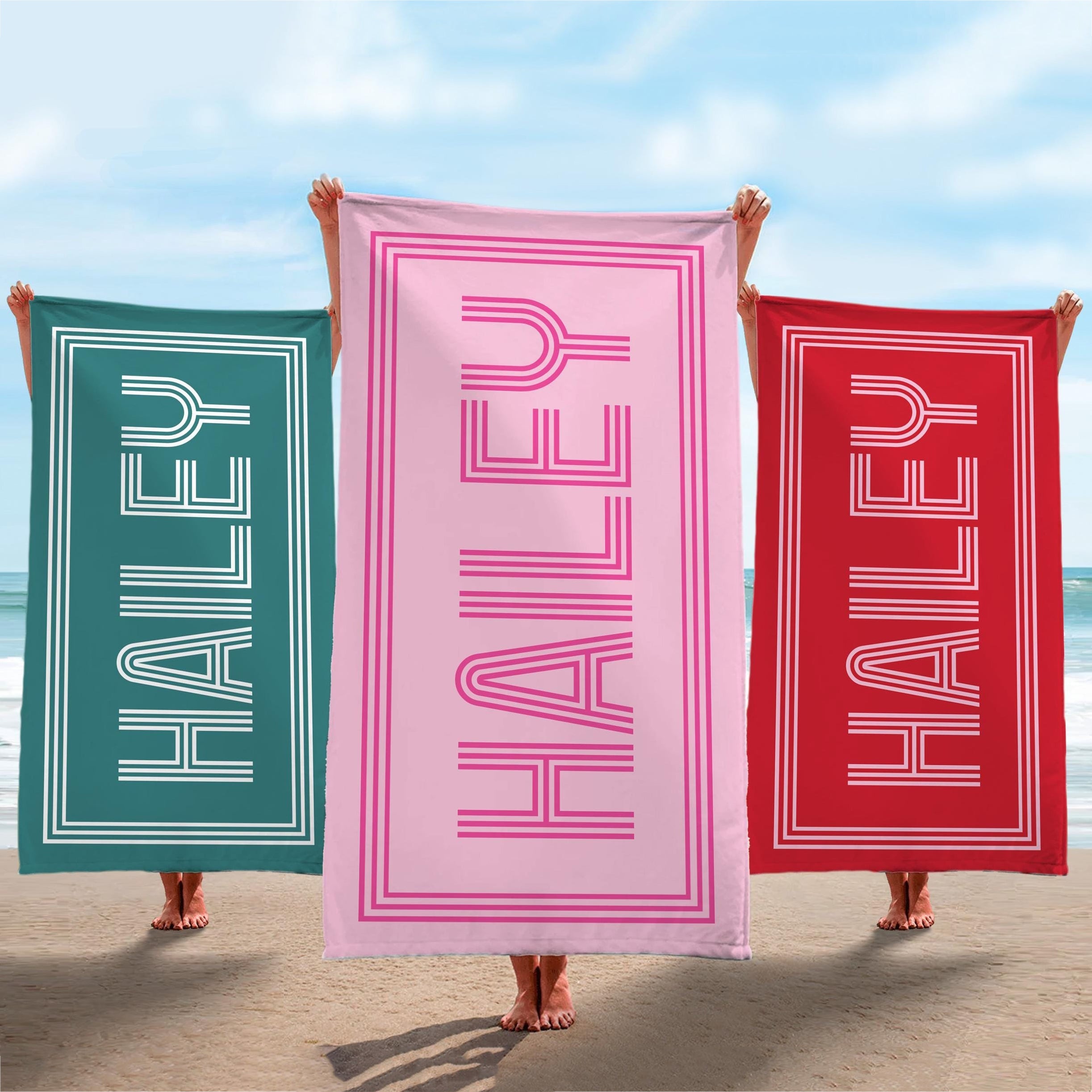 Bojjico Personalized Retro Name Custom Beach Towel For Women Kids Girls Trip 2026 Preppy Aesthetic Pink Teal Red Microfiber Pool Towels Bridesmaid Gifts Monogrammed Bachelorette Party Favors Summer Travel Beach Vacation Essentials Accessories