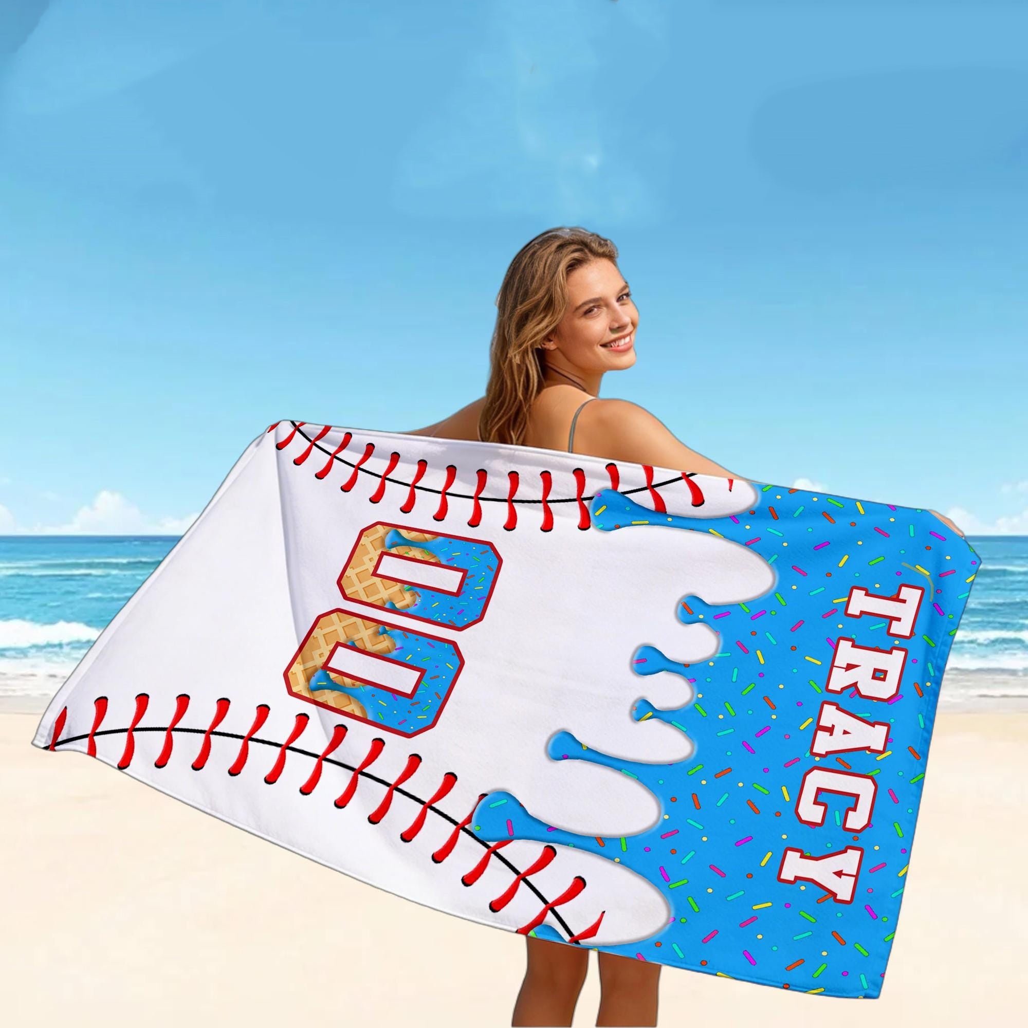 Bojjico Personalized Custom Baseball Drip Beach Matching Towel for Kids Boys Sports Fans Summervibes Aesthetic Ice Cream Sprinkles Pattern Quick Dry Microfiber Pool Bath Towel Custom Name Number Baseball Player Gifts Summer Holiday Vacation