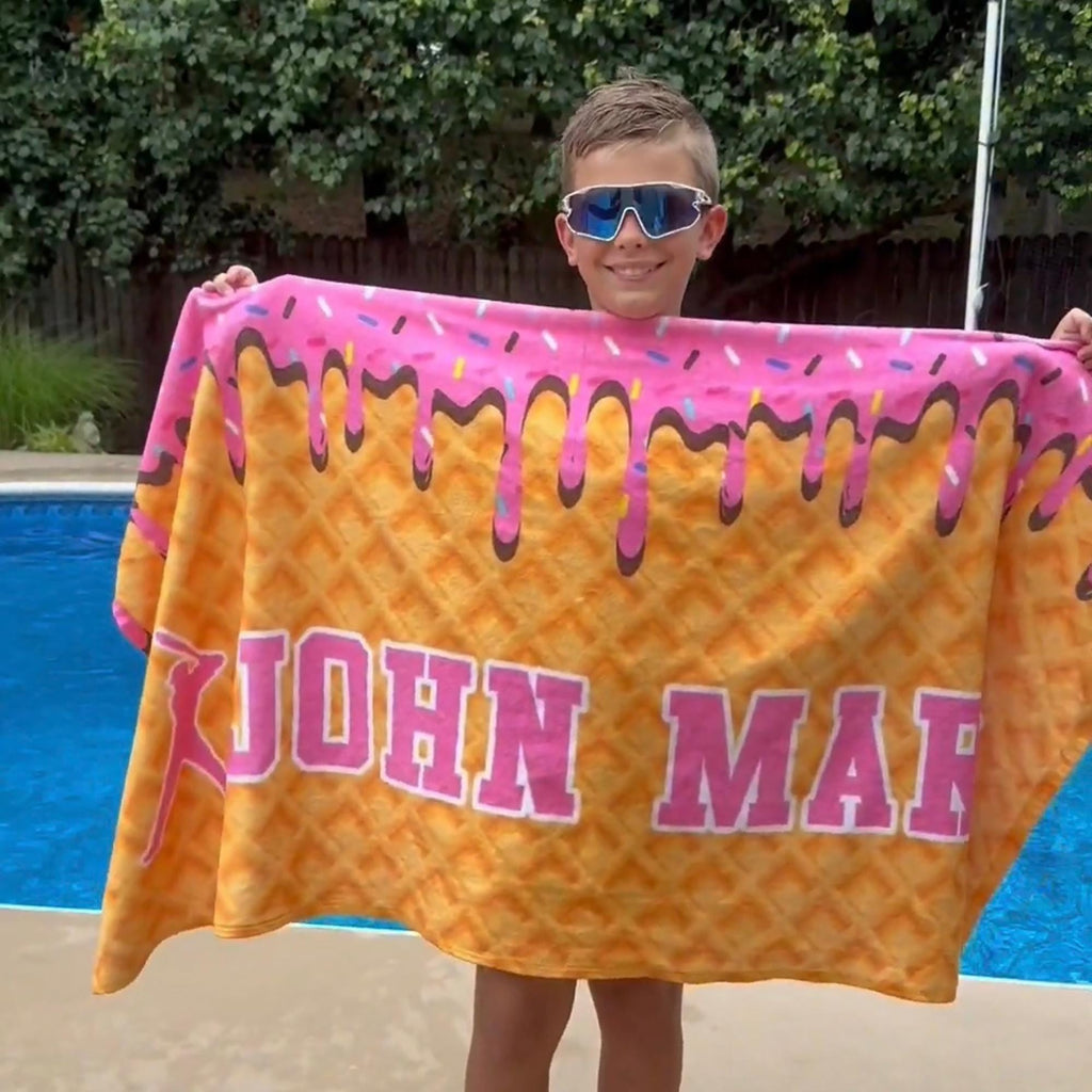 Bojjico Custom Personalized Ice Cream Drip Baseball Beach Matching Towel For Boys Youth Fun Aesthetic Pink Waffle Cone Pool Towel Microfiber Sports Team Gift With Custom Kid Name Number Print Summervibes Vacation Summerwins Beach Holiday Gifts