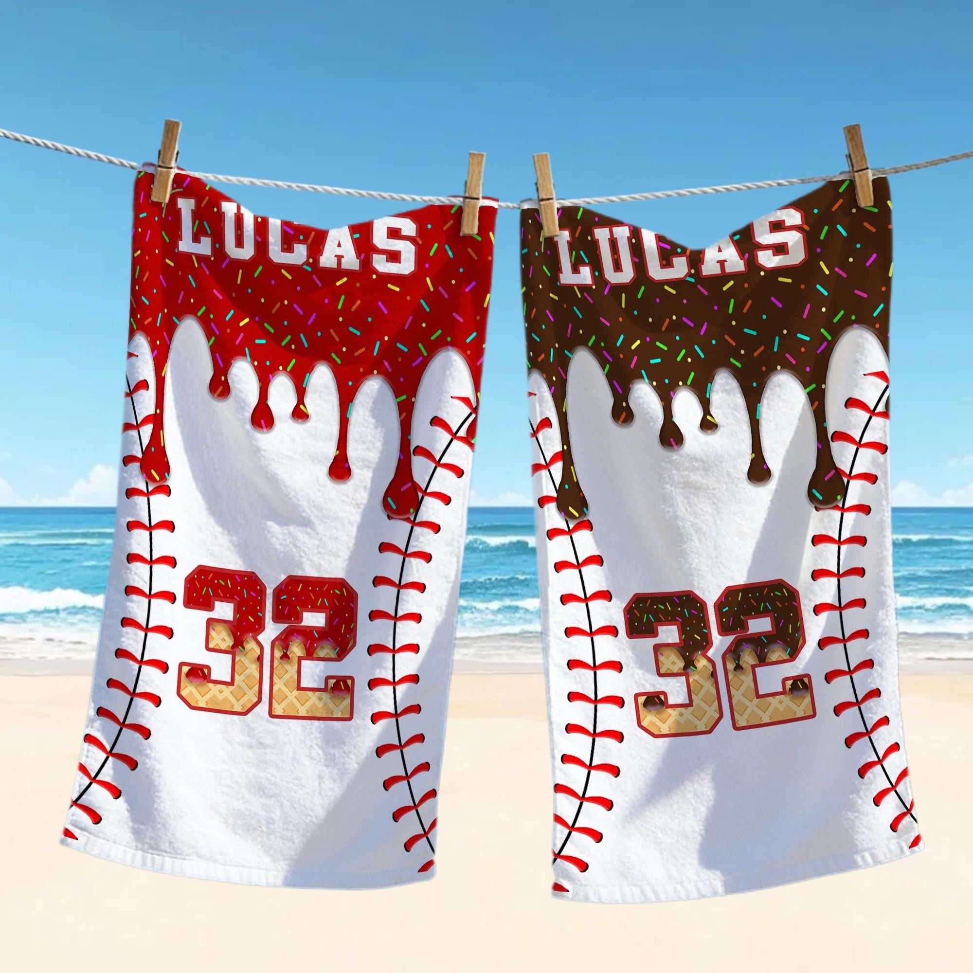 Bojjico Personalized Custom Baseball Drip Beach Matching Towel for Kids Boys Sports Fans Summervibes Aesthetic Ice Cream Sprinkles Pattern Quick Dry Microfiber Pool Bath Towel Custom Name Number Baseball Player Gifts Summer Holiday Vacation