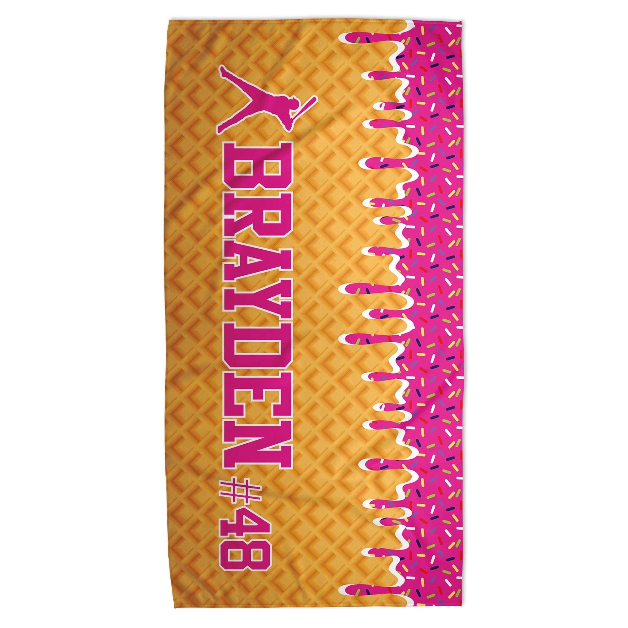 Bojjico Custom Personalized Ice Cream Drip Baseball Beach Matching Towel For Boys Youth Fun Aesthetic Pink Waffle Cone Pool Towel Microfiber Sports Team Gift With Custom Kid Name Number Print Summervibes Vacation Summerwins Beach Holiday Gifts