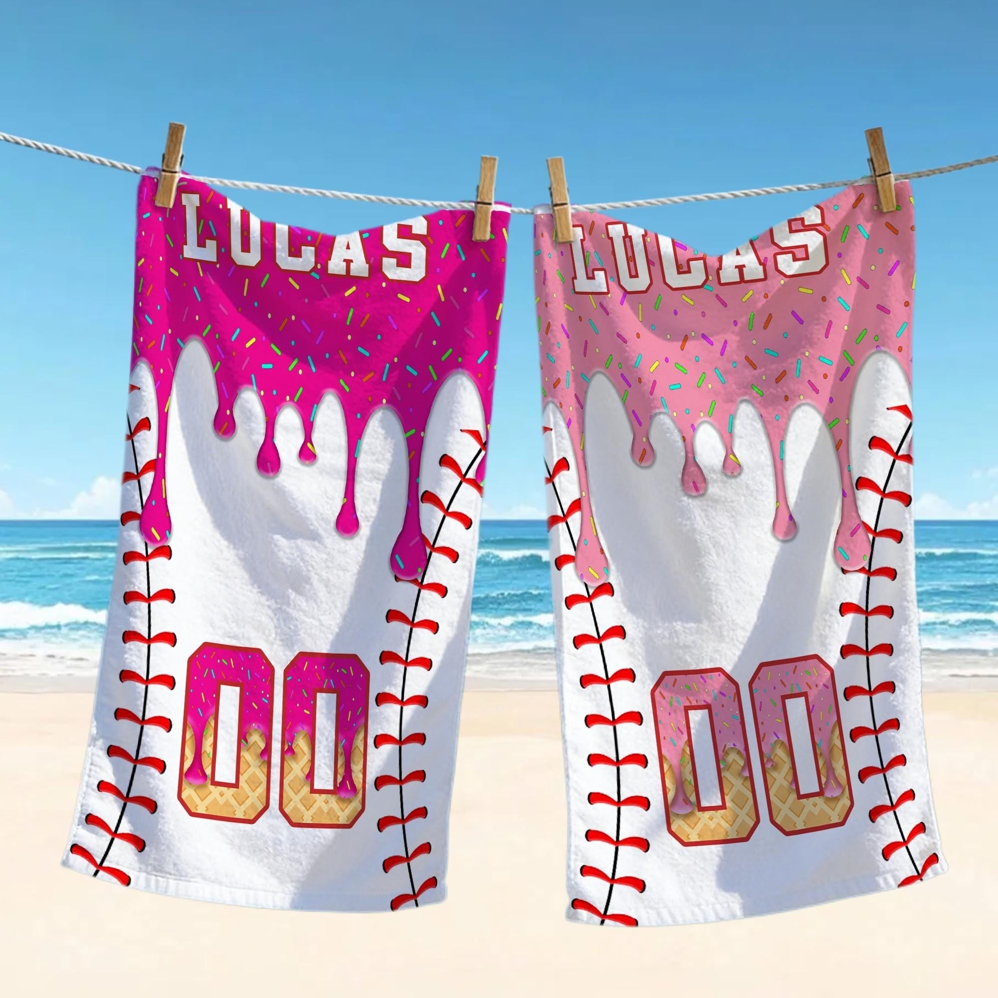 Bojjico Personalized Custom Baseball Drip Beach Matching Towel for Kids Boys Sports Fans Summervibes Aesthetic Ice Cream Sprinkles Pattern Quick Dry Microfiber Pool Bath Towel Custom Name Number Baseball Player Gifts Summer Holiday Vacation
