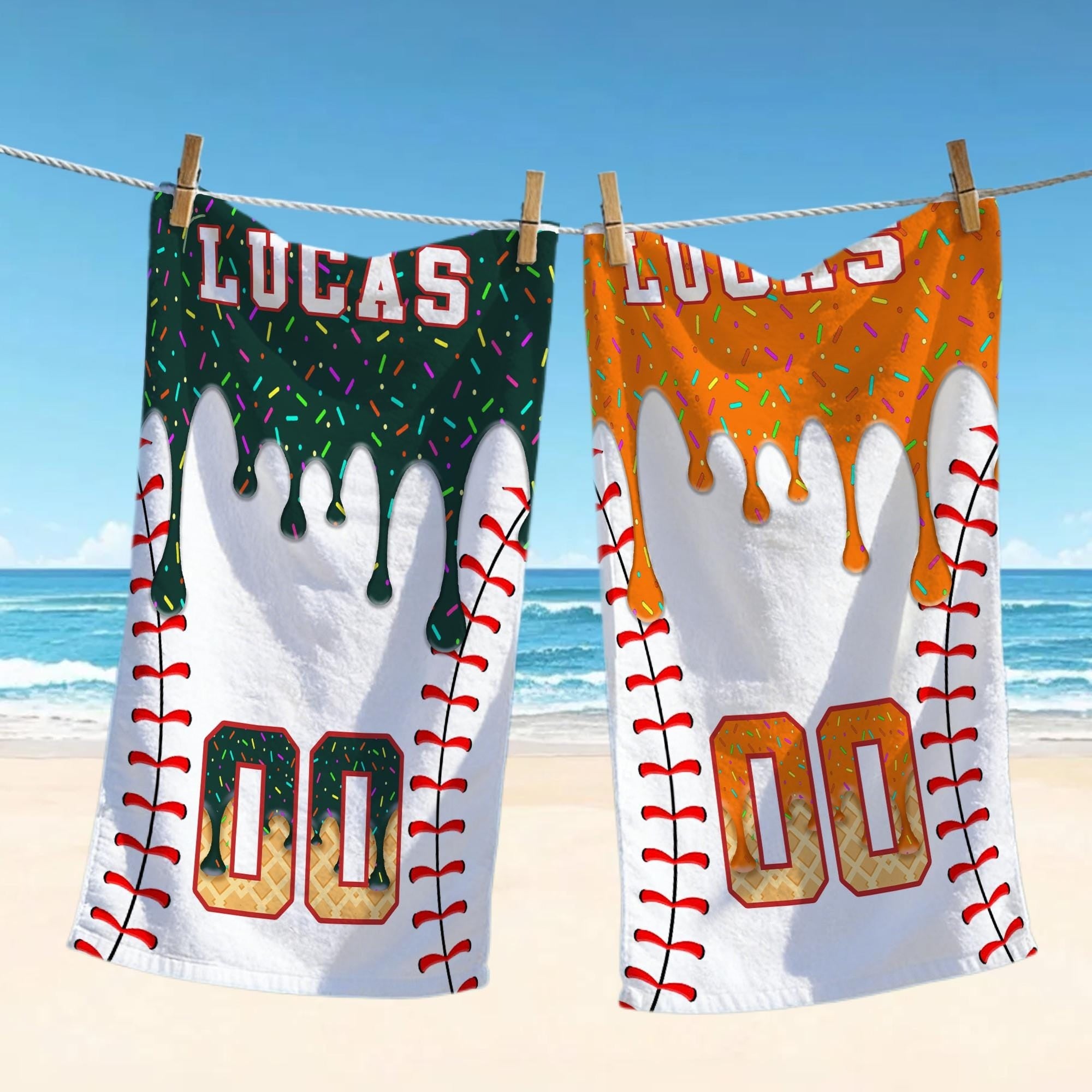 Bojjico Personalized Custom Baseball Drip Beach Matching Towel for Kids Boys Sports Fans Summervibes Aesthetic Ice Cream Sprinkles Pattern Quick Dry Microfiber Pool Bath Towel Custom Name Number Baseball Player Gifts Summer Holiday Vacation