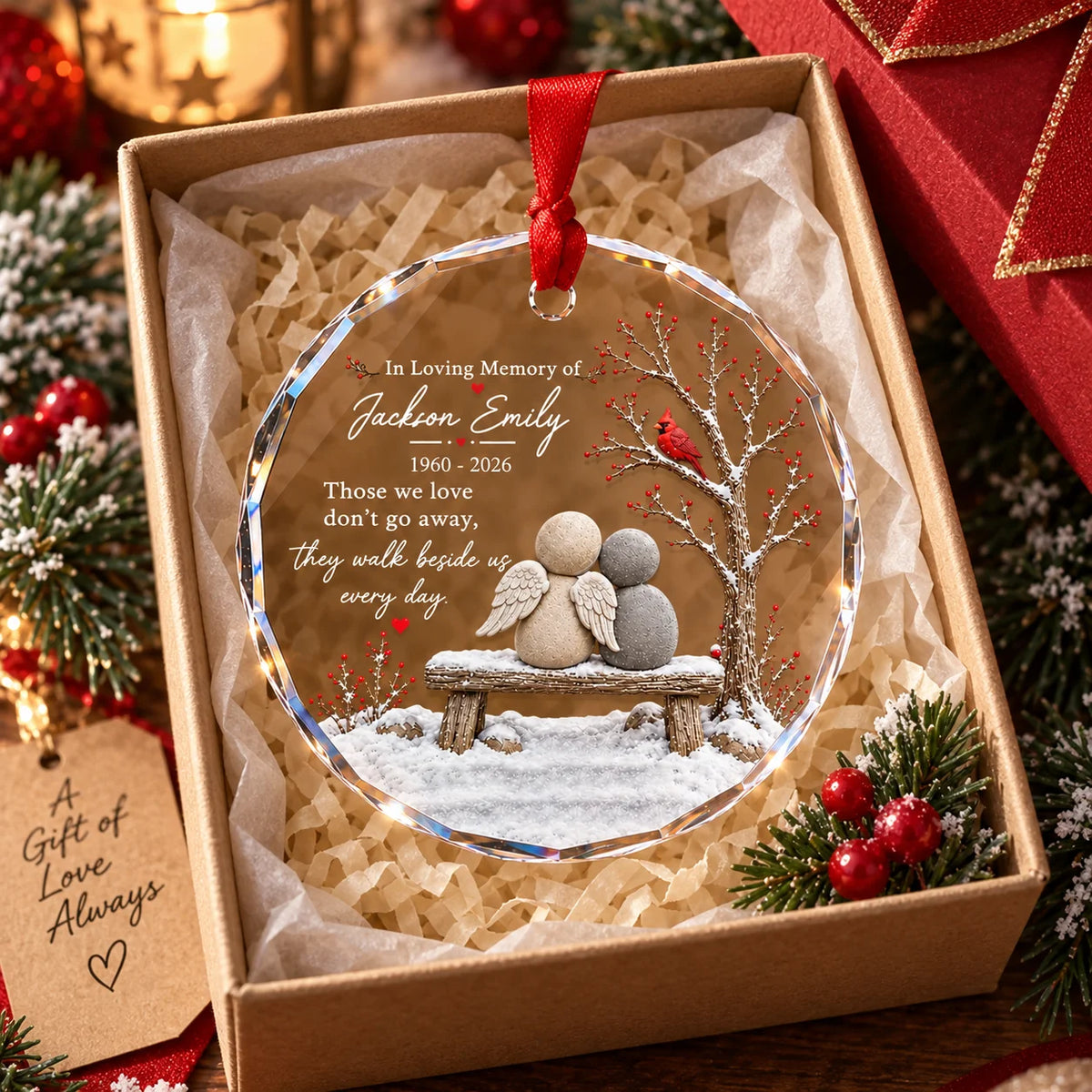 Round clear glass memorial ornament inside open gift box with red ribbon and tissue paper.