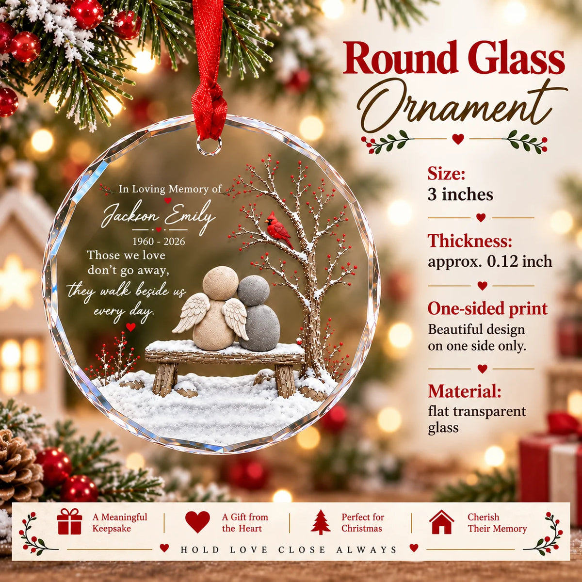 Informational infographic showing round glass ornament size, thickness, and material details.