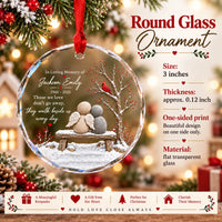 Informational infographic showing round glass ornament size, thickness, and material details.