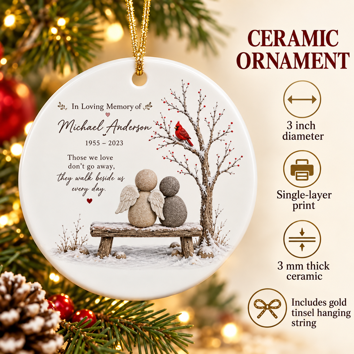 Infographic showing product details for the ceramic ornament including size, thickness, and single-sided print.