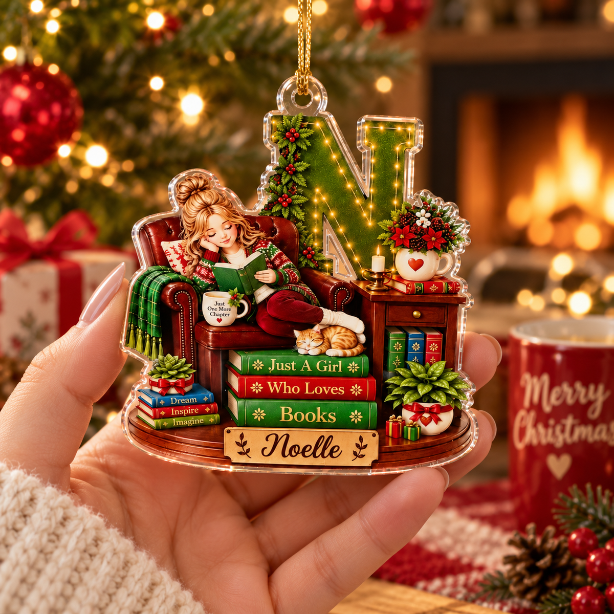 Just A Girl Who Loves Books Ornament Just One More Chapter Book Lover Christmas Gift on a hanger, ready to ship from Austin, Texas