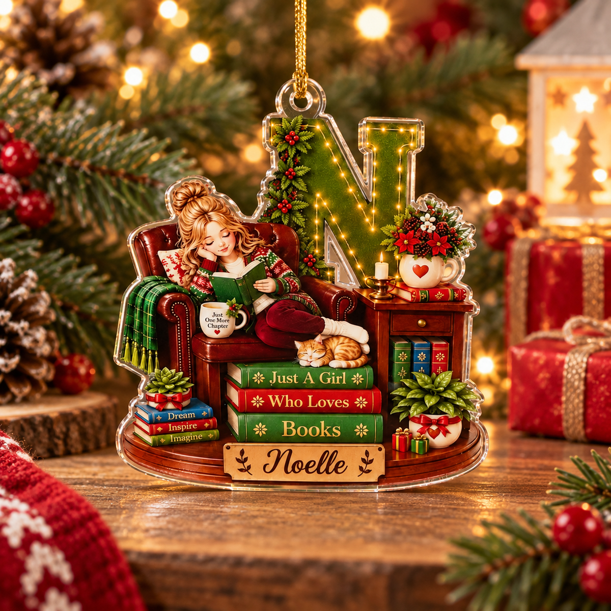 Customer in Austin, Texas wearing Just A Girl Who Loves Books Ornament Just One More Chapter Book Lover Christmas Gift