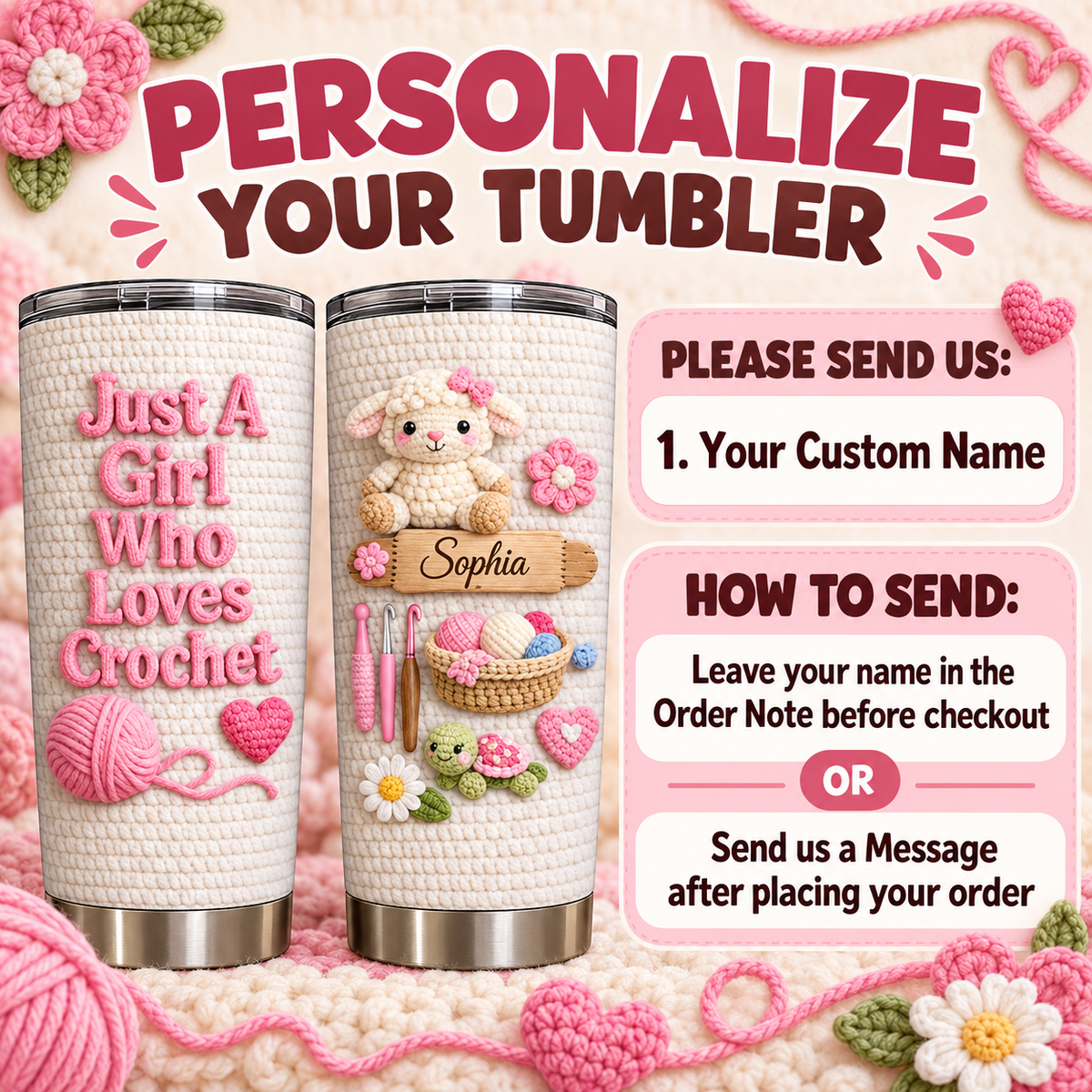 Personalized insulated stainless steel cup graphic mockup showing custom name order details on pink crocheted background.