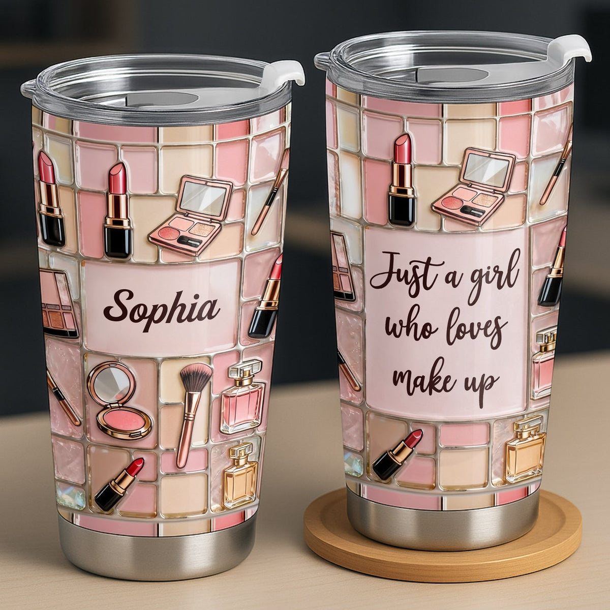 Just a Girl Who Loves Make Up Tumbler, Makeup Lover Gift for Her, Personalized Skinny Insulated Tumb on a hanger, ready to ship from Austin, Texas
