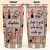 Close-up of Just a Girl Who Loves Make Up Tumbler, Makeup Lover Gift for Her, Personalized Skinny Insulated Tumb for streetwear fans in Austin, Texas