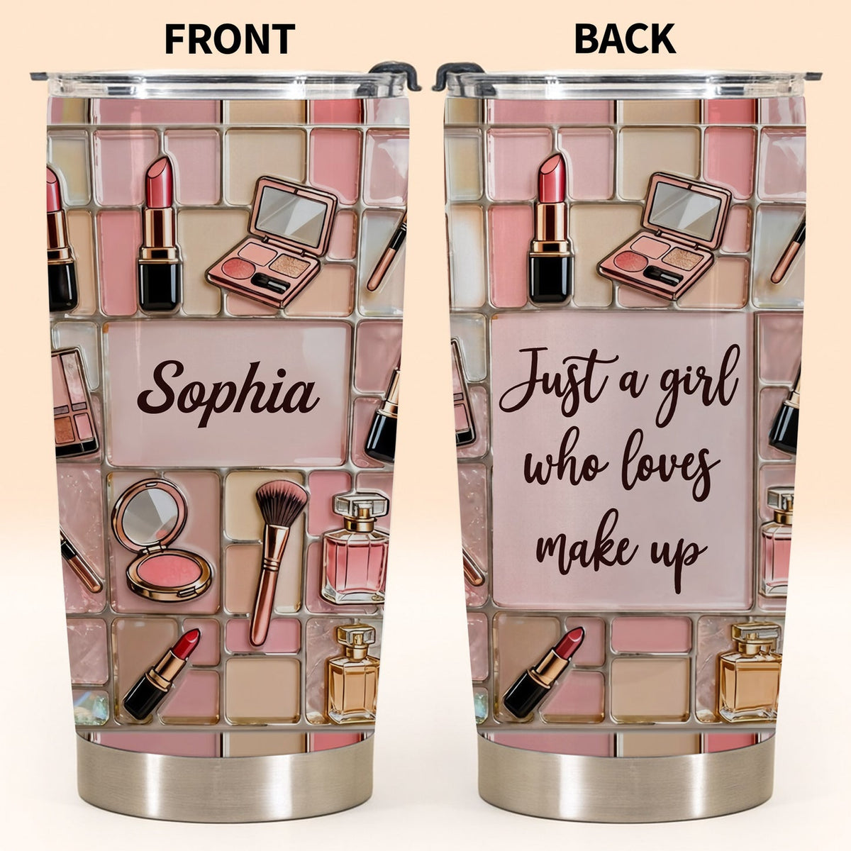 Close-up of Just a Girl Who Loves Make Up Tumbler, Makeup Lover Gift for Her, Personalized Skinny Insulated Tumb for streetwear fans in Austin, Texas