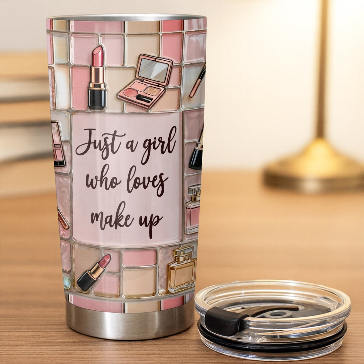 Customer in Austin, Texas wearing Just a Girl Who Loves Make Up Tumbler, Makeup Lover Gift for Her, Personalized Skinny Insulated Tumb