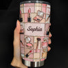 Close-up of Just a Girl Who Loves Make Up Tumbler, Makeup Lover Gift for Her, Personalized Skinny Insulated Tumb for streetwear fans in Austin, Texas