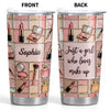 Close-up of Just a Girl Who Loves Make Up Tumbler, Makeup Lover Gift for Her, Personalized Skinny Insulated Tumb for streetwear fans in Austin, Texas