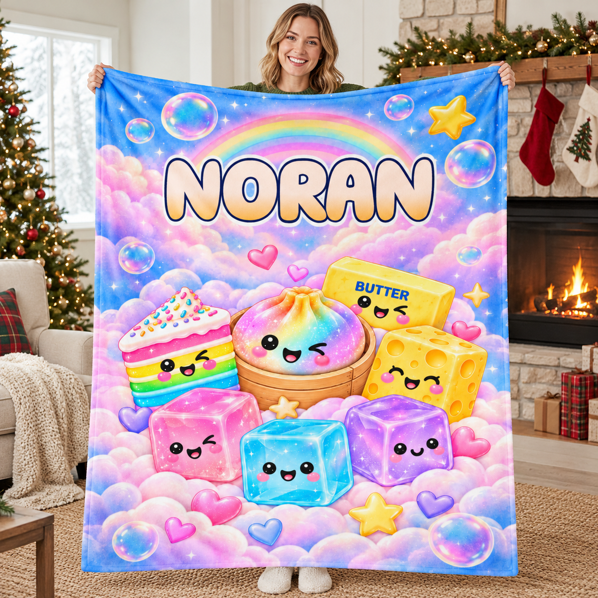 Custom sherpa throw blanket with kawaii food characters and the name Noran displayed by a woman indoors.