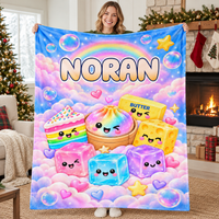 Custom sherpa throw blanket with kawaii food characters and the name Noran displayed by a woman indoors.