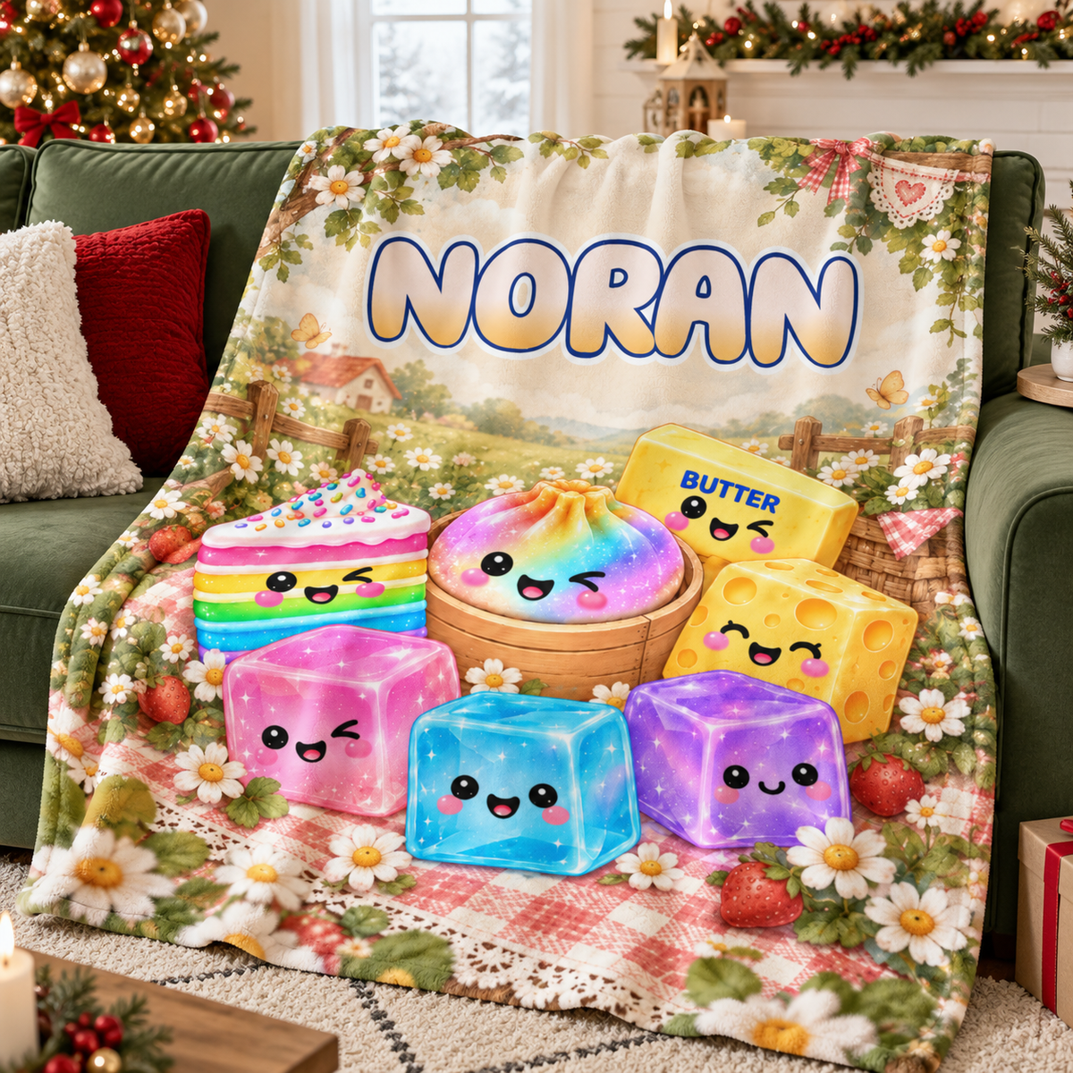 Country picnic style custom throw blanket featuring kawaii food characters and the name Noran on a sofa.