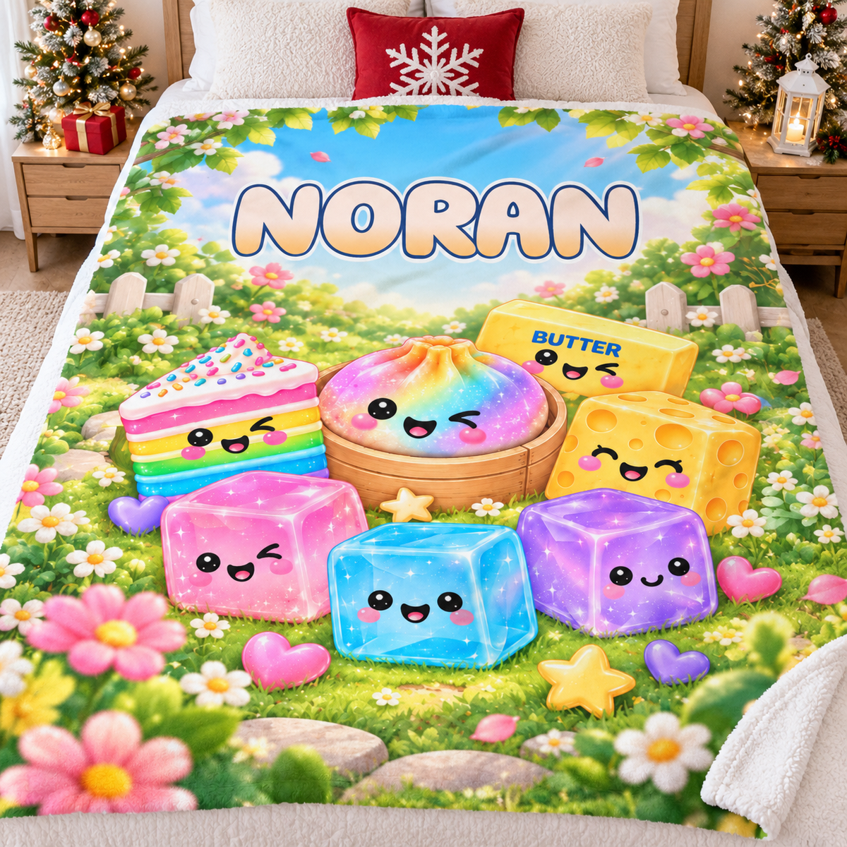 Personalized kawaii food blanket with the name Noran spread across a bed in a bright bedroom.