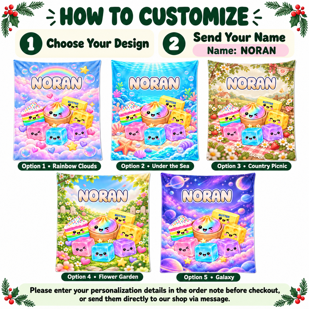 Customization guide showing five blanket background options including rainbow clouds, space, and garden.