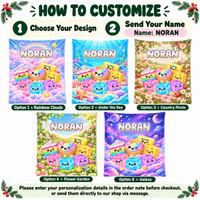 Customization guide showing five blanket background options including rainbow clouds, space, and garden.