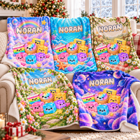 Five personalized throw blankets with different background designs displayed together on a beige couch.
