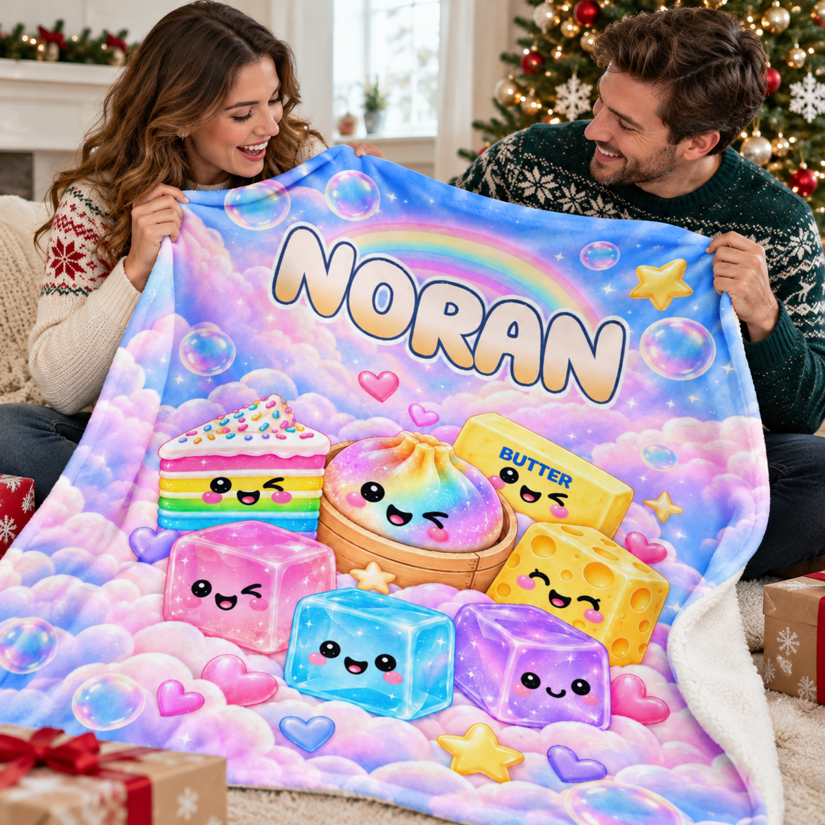 Smiling couple holding a custom kawaii food sherpa throw blanket with pastel cake and the name NORAN printed on it.