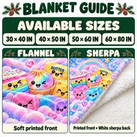 Size guide for kawaii food blanket featuring flannel and sherpa fabric options with cute dessert characters.
