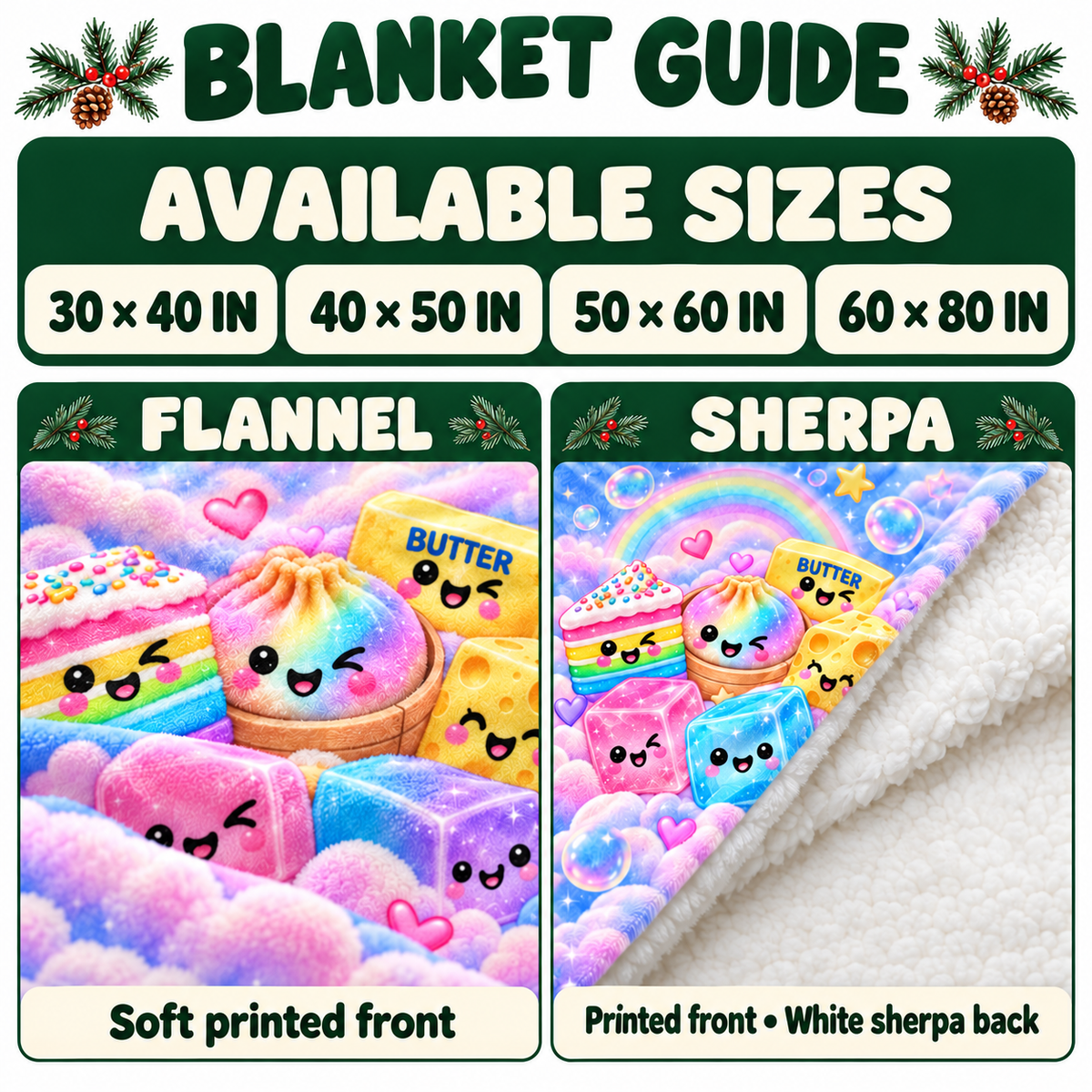 Size guide for kawaii food blanket featuring flannel and sherpa fabric options with cute dessert characters.