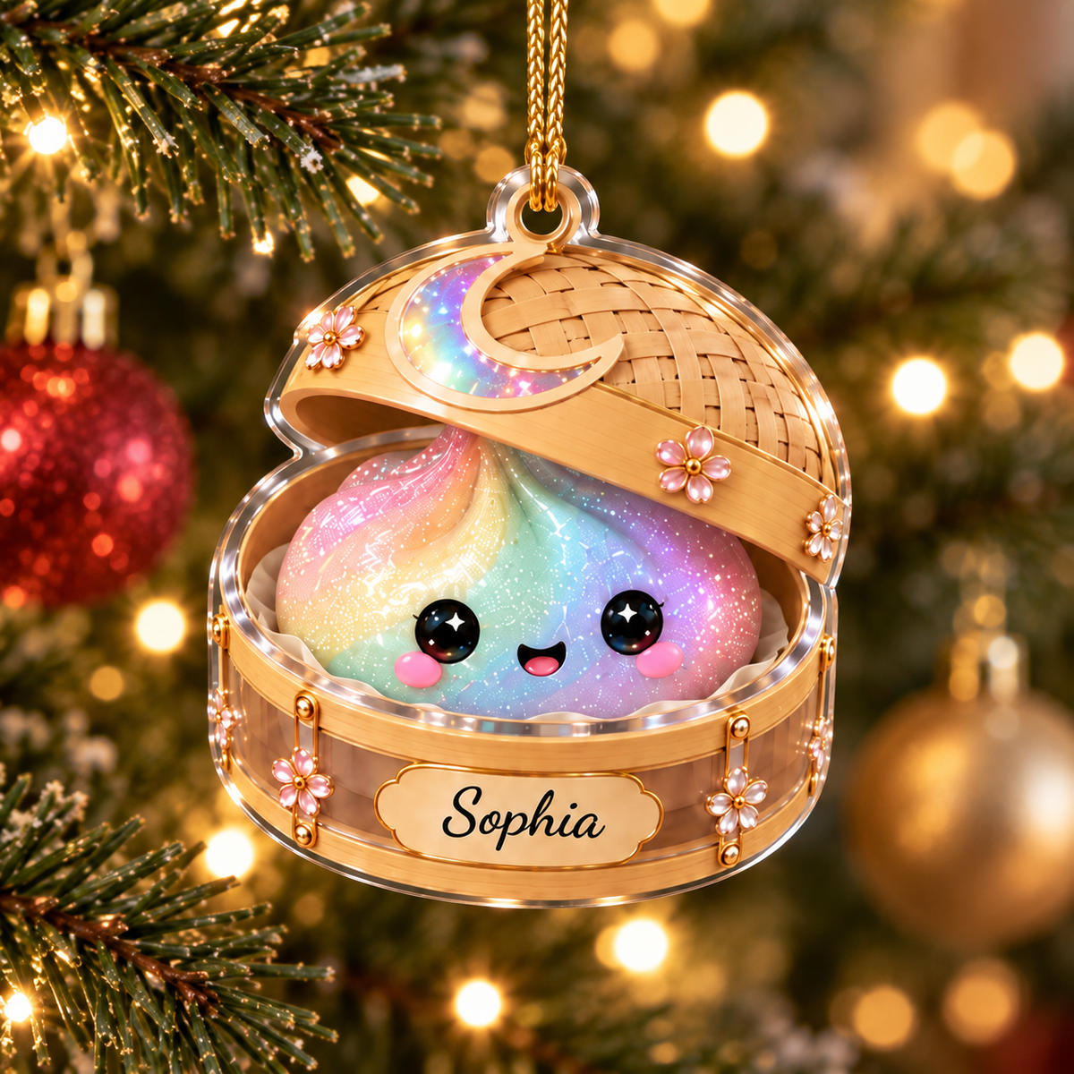 Kawaii Galaxy Dumpling Steamer Basket Ornament Personalized Custom Name Christmas Tree Decor on a hanger, ready to ship from Austin, Texas