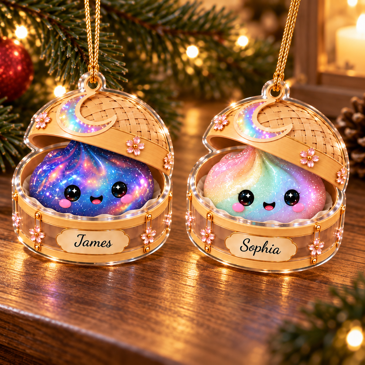 Customer in Austin, Texas wearing Kawaii Galaxy Dumpling Steamer Basket Ornament Personalized Custom Name Christmas Tree Decor