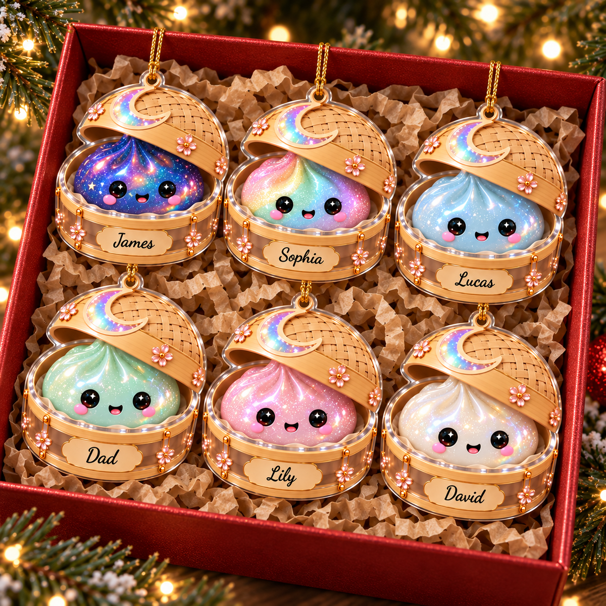 Customer in Austin, Texas wearing Kawaii Galaxy Dumpling Steamer Basket Ornament Personalized Custom Name Christmas Tree Decor