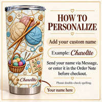Instruction graphic explaining how to personalize the knitting yarn tumbler with a custom name.