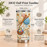 Infographic detailing product specs, features, and measurements for the custom knitting yarn stainless steel tumbler.