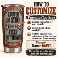 An instruction graphic explains how to personalize the custom handyman tumbler with a name and three easy steps.