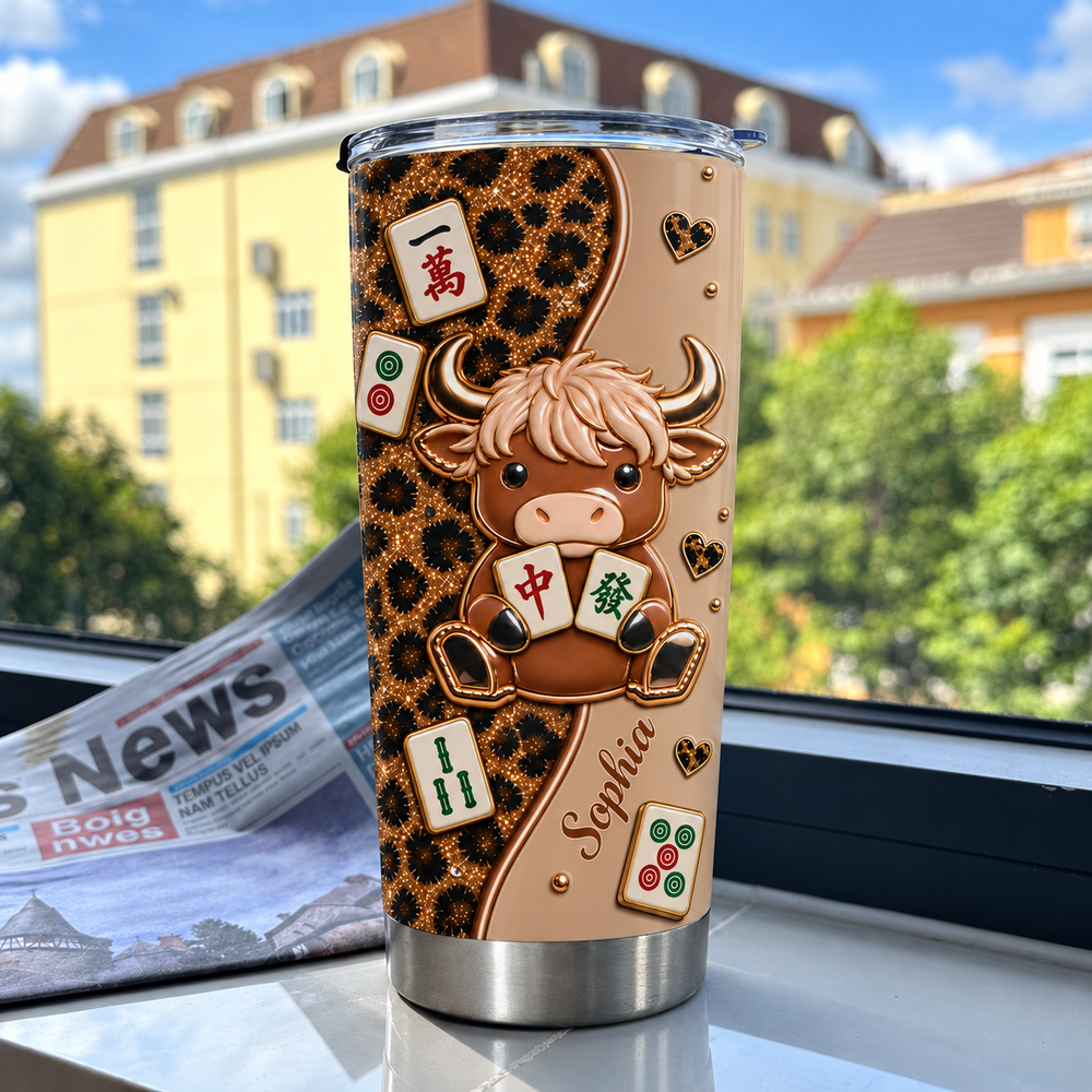 Leopard print cow mahjong tumbler next to newspaper on windowsill with blurry yellow buildings outside.