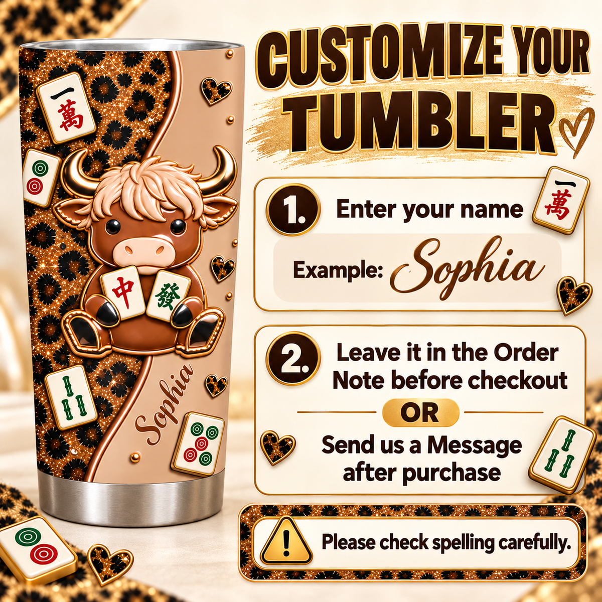 Customization guide graphic showing leopard print cow mahjong tumbler and instructions to enter custom name.