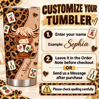 Customization guide graphic showing leopard print cow mahjong tumbler and instructions to enter custom name.