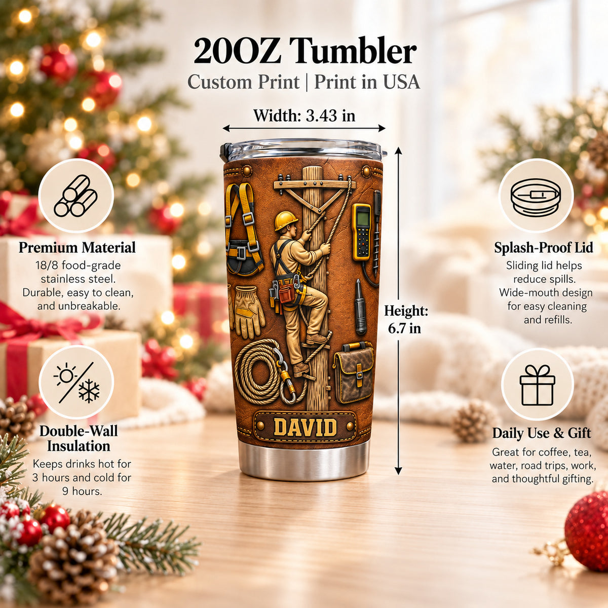 Personalized Lineman Tumbler Custom Name Power Line Worker Gift - product view 8