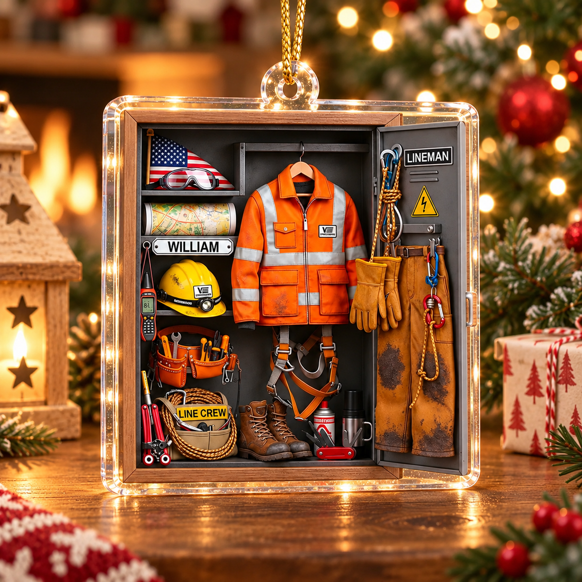 Utility worker gift acrylic ornament resting on a wooden table near a glowing fireplace.