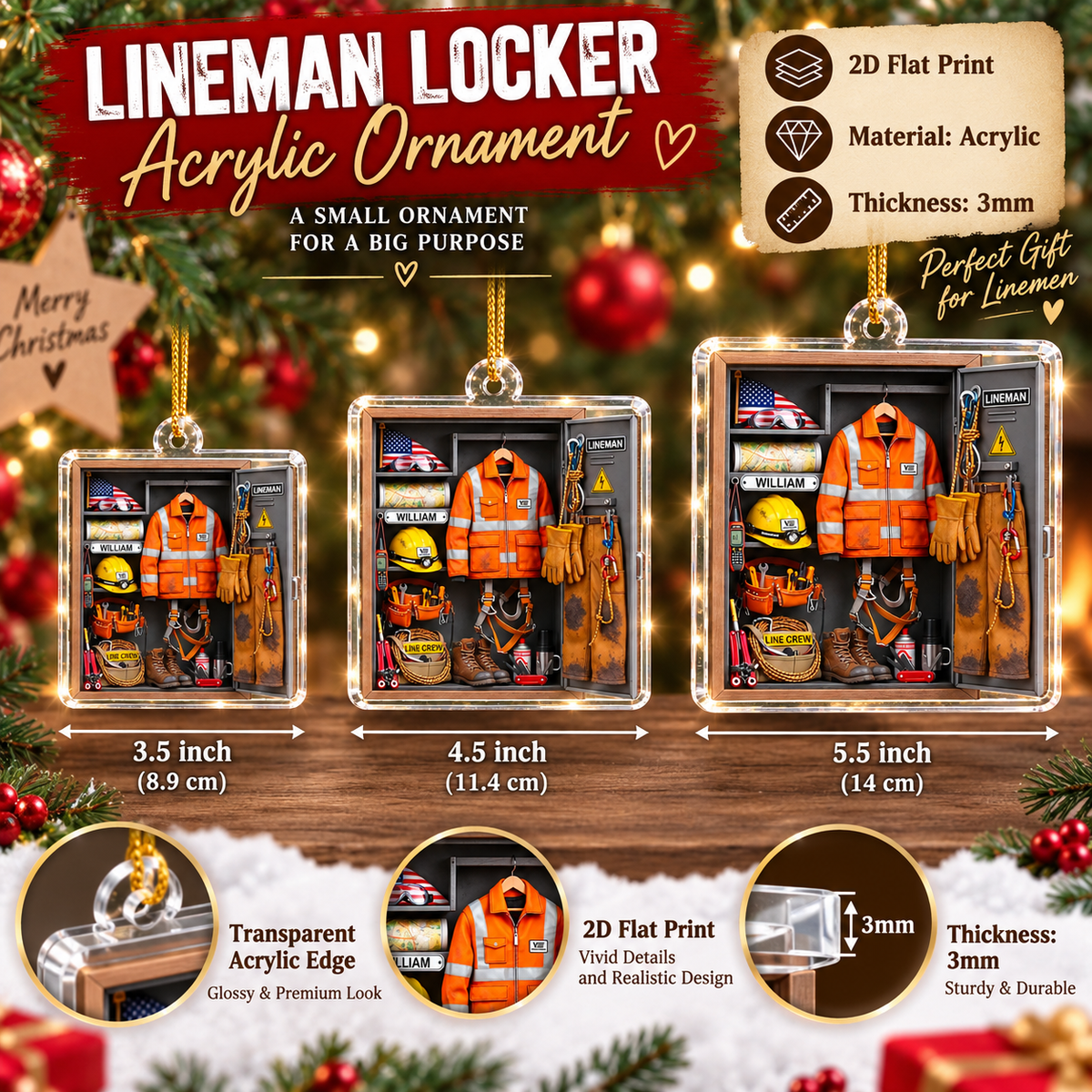Lineman Locker acrylic ornament size comparison chart showing 3.5 inch, 4.5 inch and 5.5 inch options.